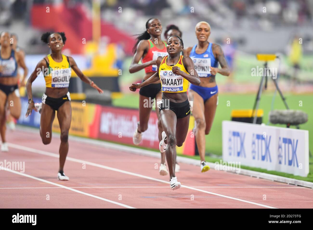 Halimah Nakaayi (Uganda), Natoya Goule (Jamaica), Ce'Aira Brown (USA). 800 Metres Women, Semi-final. IAAF World Athletics Championships, Doha 2019 Stock Photo