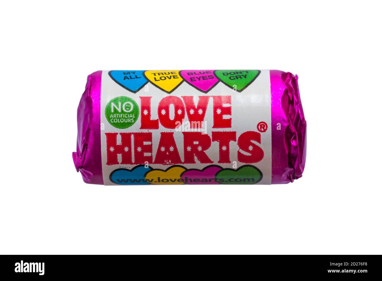 Mini packet of Love heart sweets with messages isolated on white