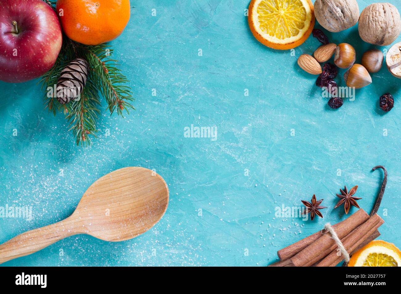 Christmas food background with fruits, spices and nuts Stock Photo
