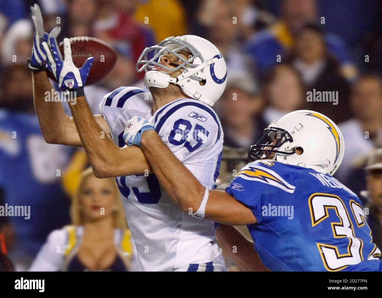 San Diego Chargers' Eric Weddle (R) breaks up a pass to Indianapolis Colts' Aaron Moorehead during their National Football League game in San Diego, November 11, 2007.   REUTERS/Mike Blake      (UNITED STATES) Stock Photo