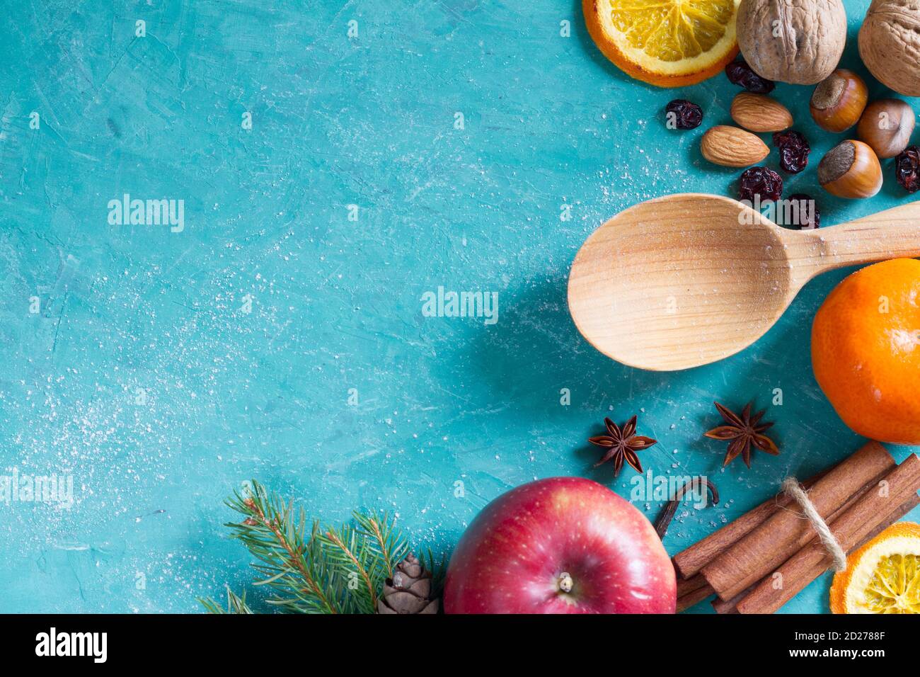 Christmas food background with fruits, spices and nuts Stock Photo