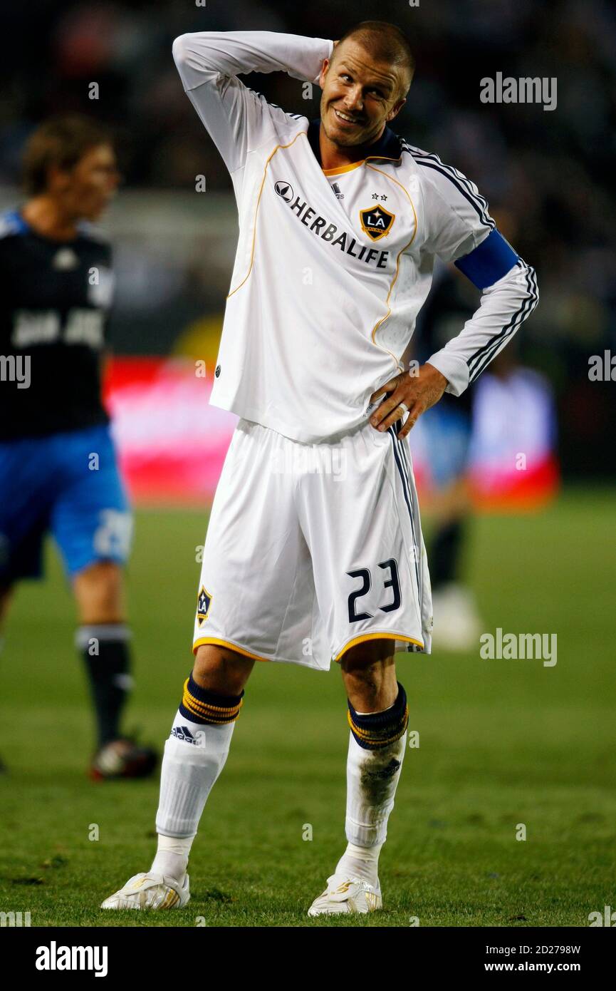 Los Angeles Galaxy's David Beckham has a laugh during his clubs season opening game at home against the San Jose Earthquakes during Major League Soccer game in Carson, California  April 3, 2008.     REUTERS/Mike Blake      (UNITED STATES) Stock Photo