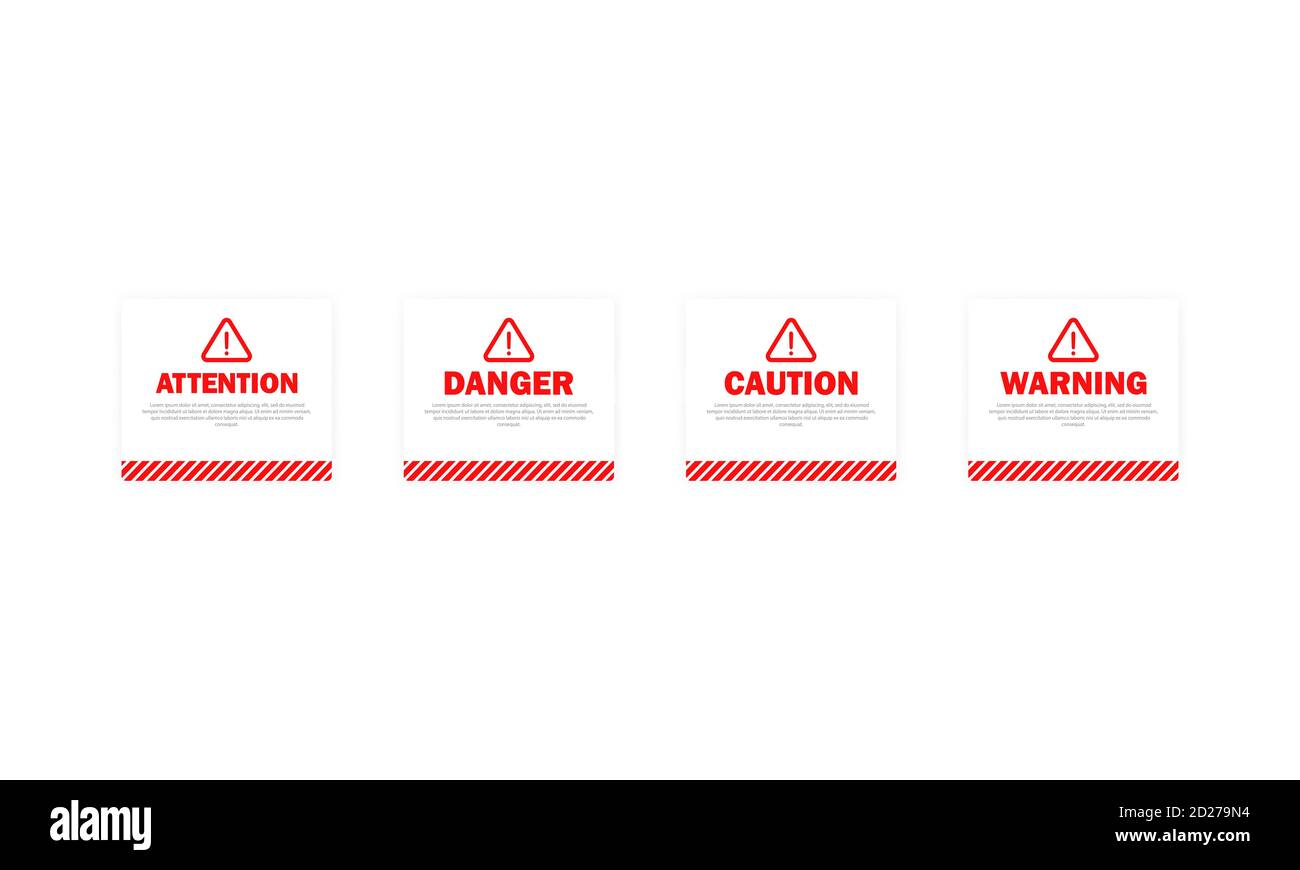 Danger, attention, warning, caution sign set. Be careful concept. Light theme. Vector on transparent isolated background. EPS 10 Stock Vector
