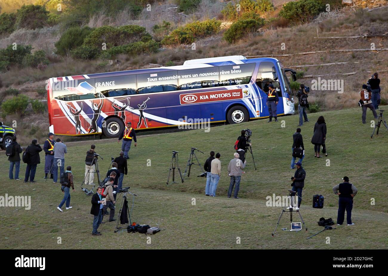 France's national soccer team players leave by bus after deciding not to  take part in a training session in Knysna, near Cape Town June 20, 2010. A  day after Les Bleus' striker