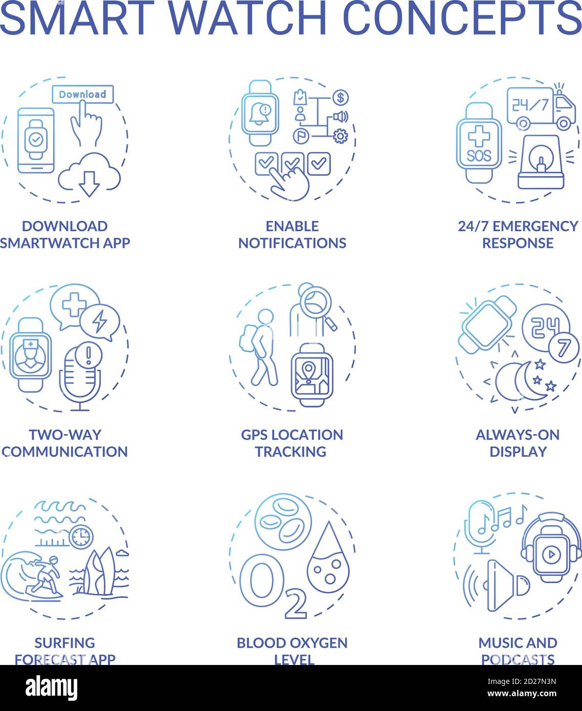 Smart watch concept icons set Stock Vector