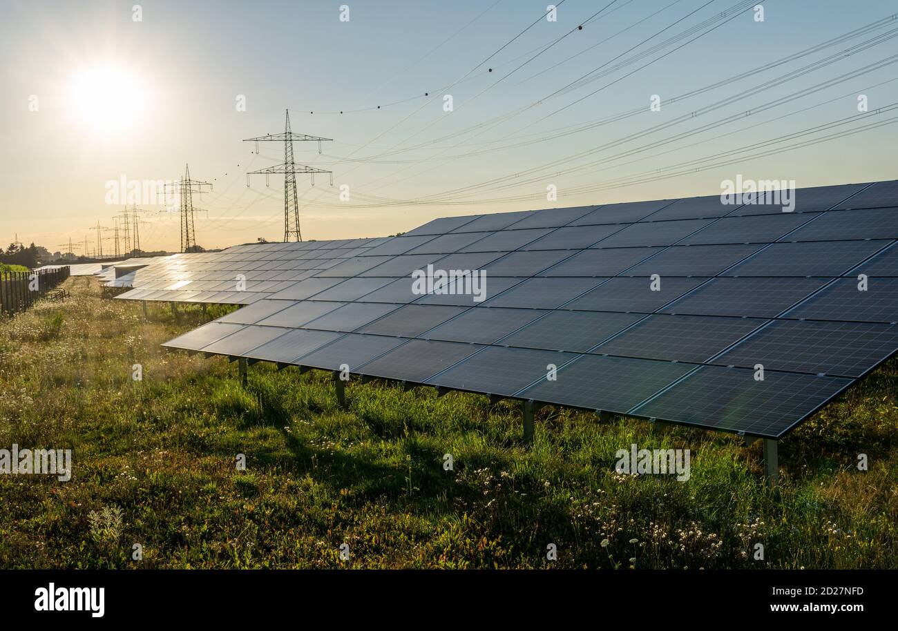 photovoltaic solar power panel on sky background, green clean Alternative power energy concept. Stock Photo