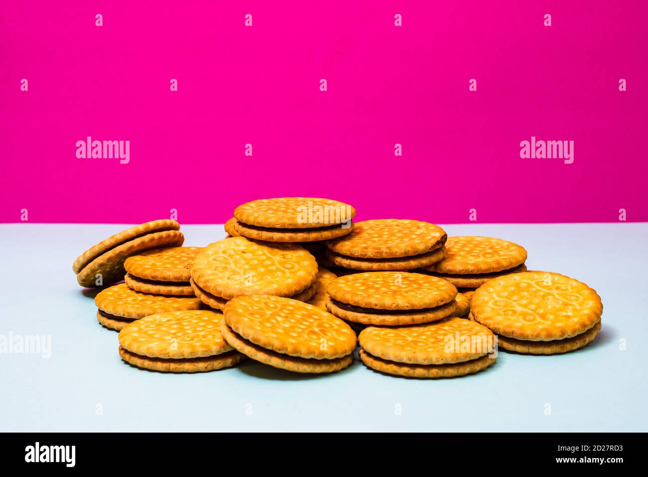 Round biscuits with chocolate cream, sandwich biscuits with chocolate