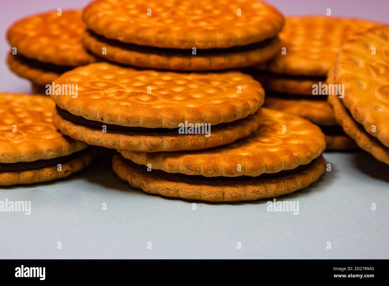 Round biscuits with chocolate cream, sandwich biscuits with chocolate