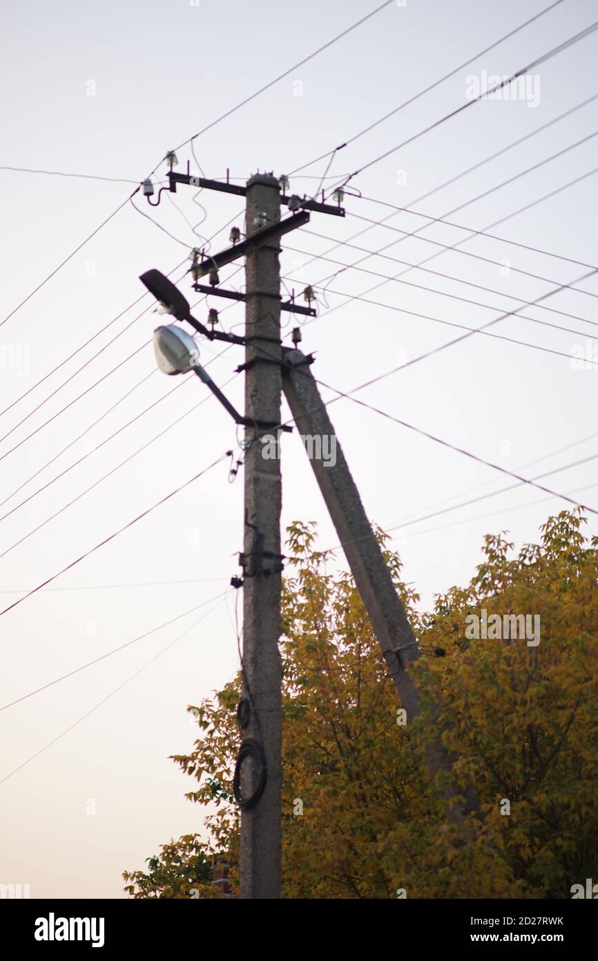 old stone pillar with wires near autumn tree on the white sky background. Stock Photo