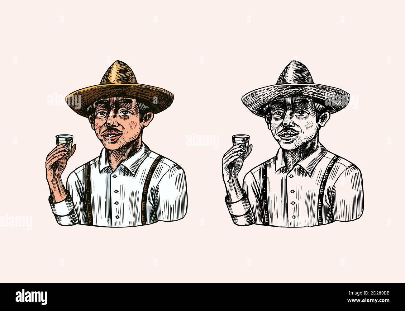 Farmer holding a shot of tequila. Mexican man with hat. Retro poster or banner. Engraved hand