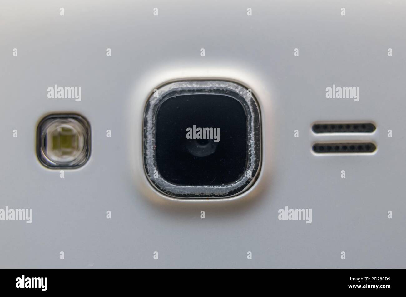 closeup shot of mobile phone camera lens and flash with white
