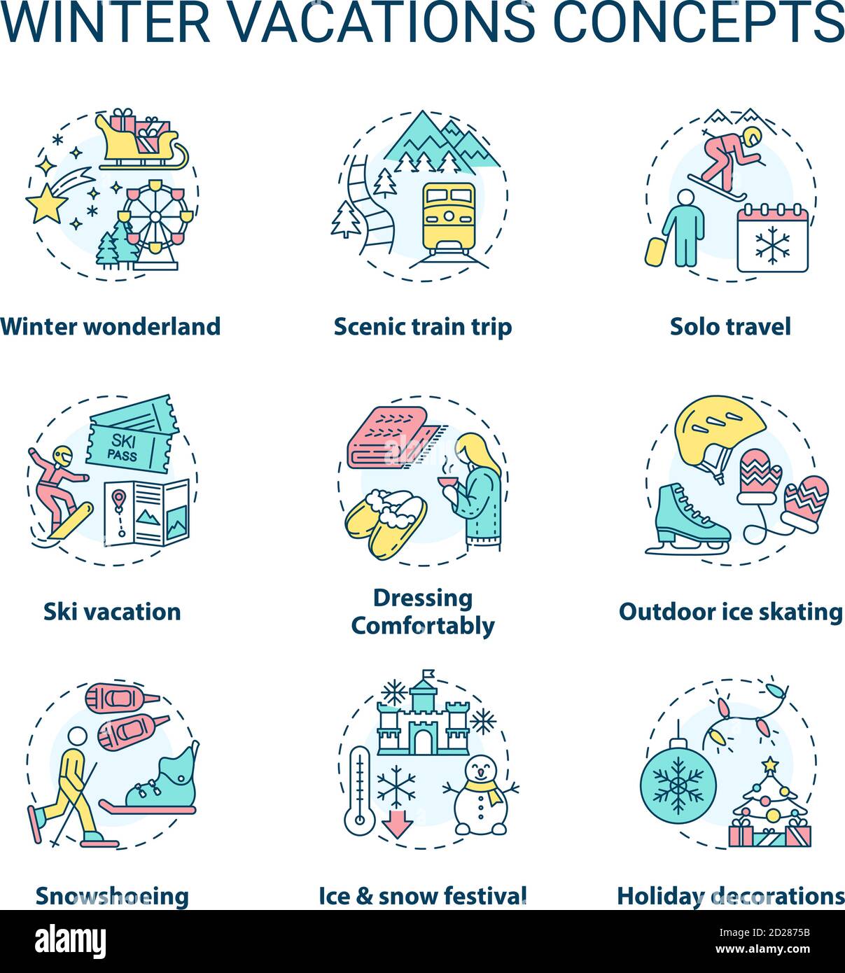 Winter vacations concept icons set Stock Vector