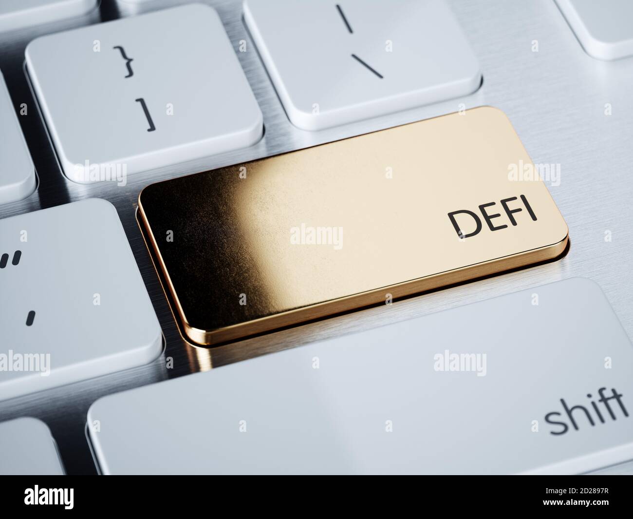 Keyboard with DEFI decentralized finance golden key. 3d rendering illustration Stock Photo