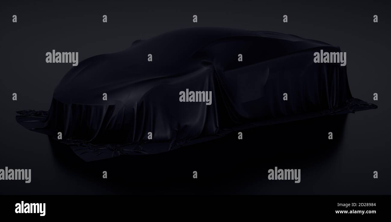 New racing design car covered with black cloth presentation. 3d rendering illustration isolated Stock Photo