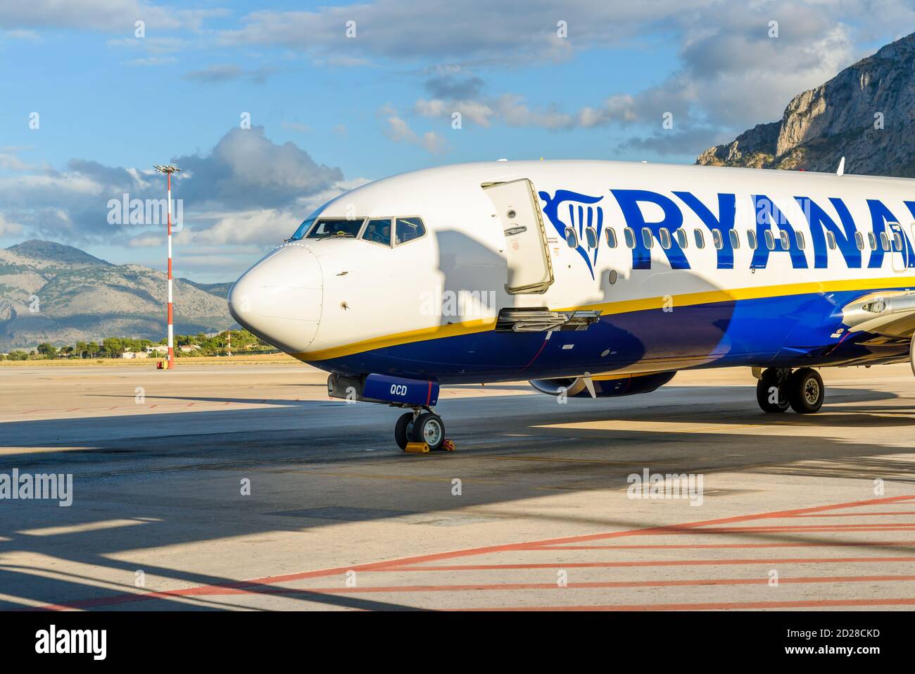 Palermo, Italy - September 29, 2020: Boeing Aircraft of low cost airline company Ryanair in the Palermo Falcone Borsellino Airport, Punta Raisi, Sicil Stock Photo