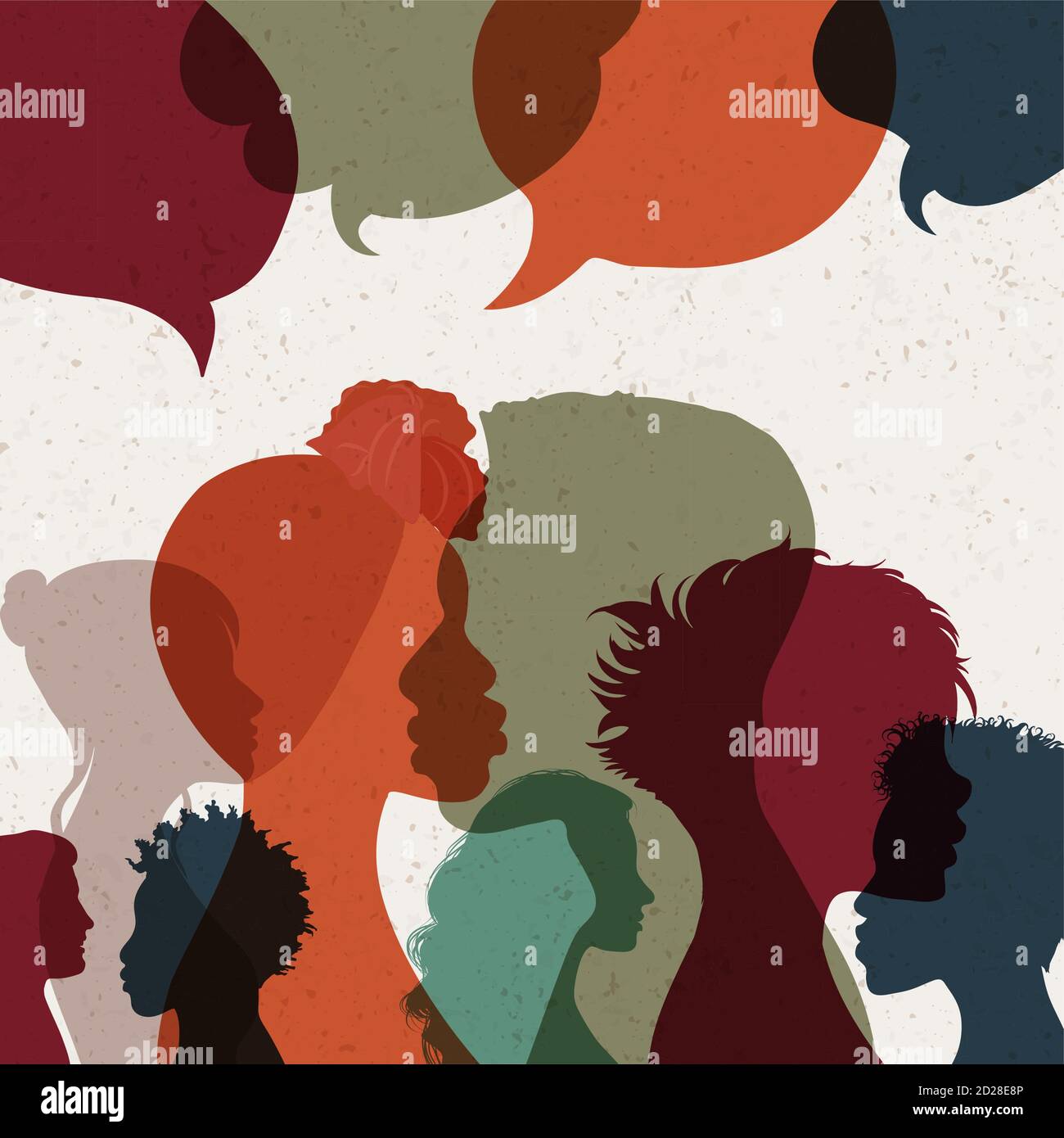 Banner Poster Silhouette heads face international people in profile talking and communicating. Speech bubble. Crowd. Communication. Community. Speak Stock Vector