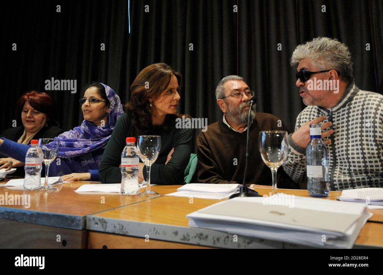 (L-R) Historian Fani Rubio, activist Zahra Ramdan, actress Aitana Sanchez-Gijon, trade union leader Candido Mendez and film director Pedro Almodovar talk before presenting a petition to King Juan Carlos of Spain in Madrid in support of Western Sahara independence campaigner Aminatou Haidar, as she continues her hunger strike December 10, 2009. A tussle between Morocco and Spain over Haidar's hunger strike has become the biggest test yet of a diplomatic honeymoon which has boosted cooperation on security, illegal migration and trade. To match ANALYSIS MOROCCO-SPAIN/  REUTERS/Vincent West (SPAIN Stock Photo