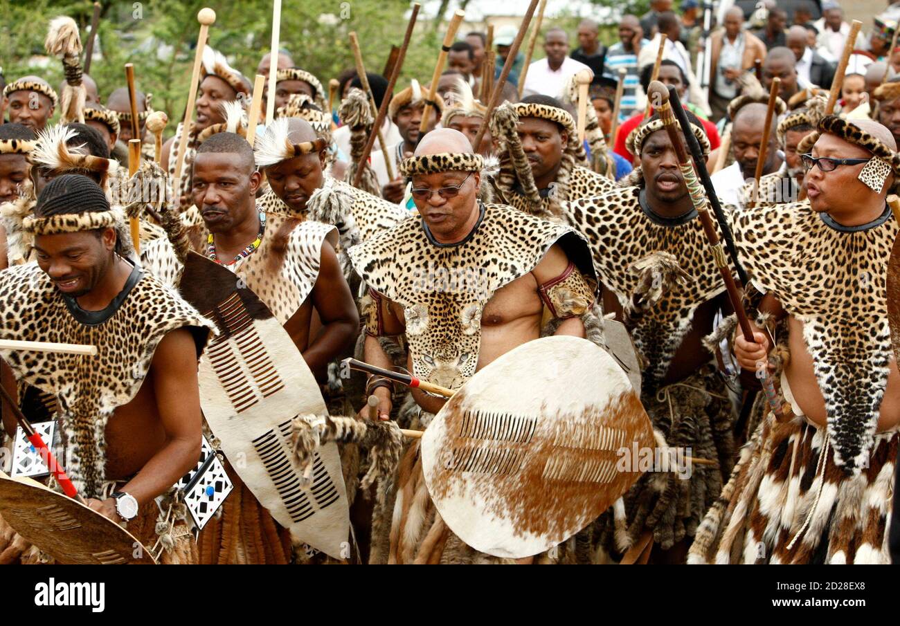 South African President Jacob Zuma (C) arrives for his traditional wedding  to Tobeka Madiba, his fifth wife, at the village of Nkandla in northern  KwaZulu-Natal January 4, 2010. The ceremony took place