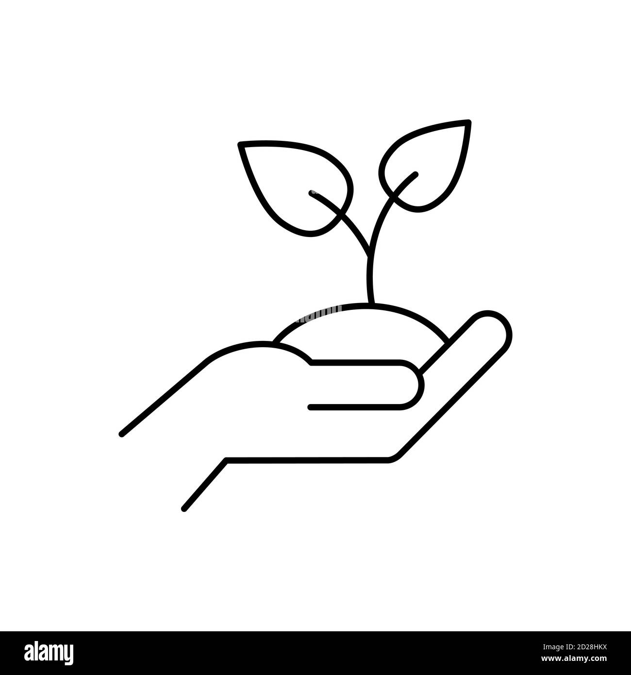 Hand holding soil line icon. Human palm holds a plant. Sprout with leaf break out. Agriculture, farming, sustainability concept. Black outline. Vector Stock Vector