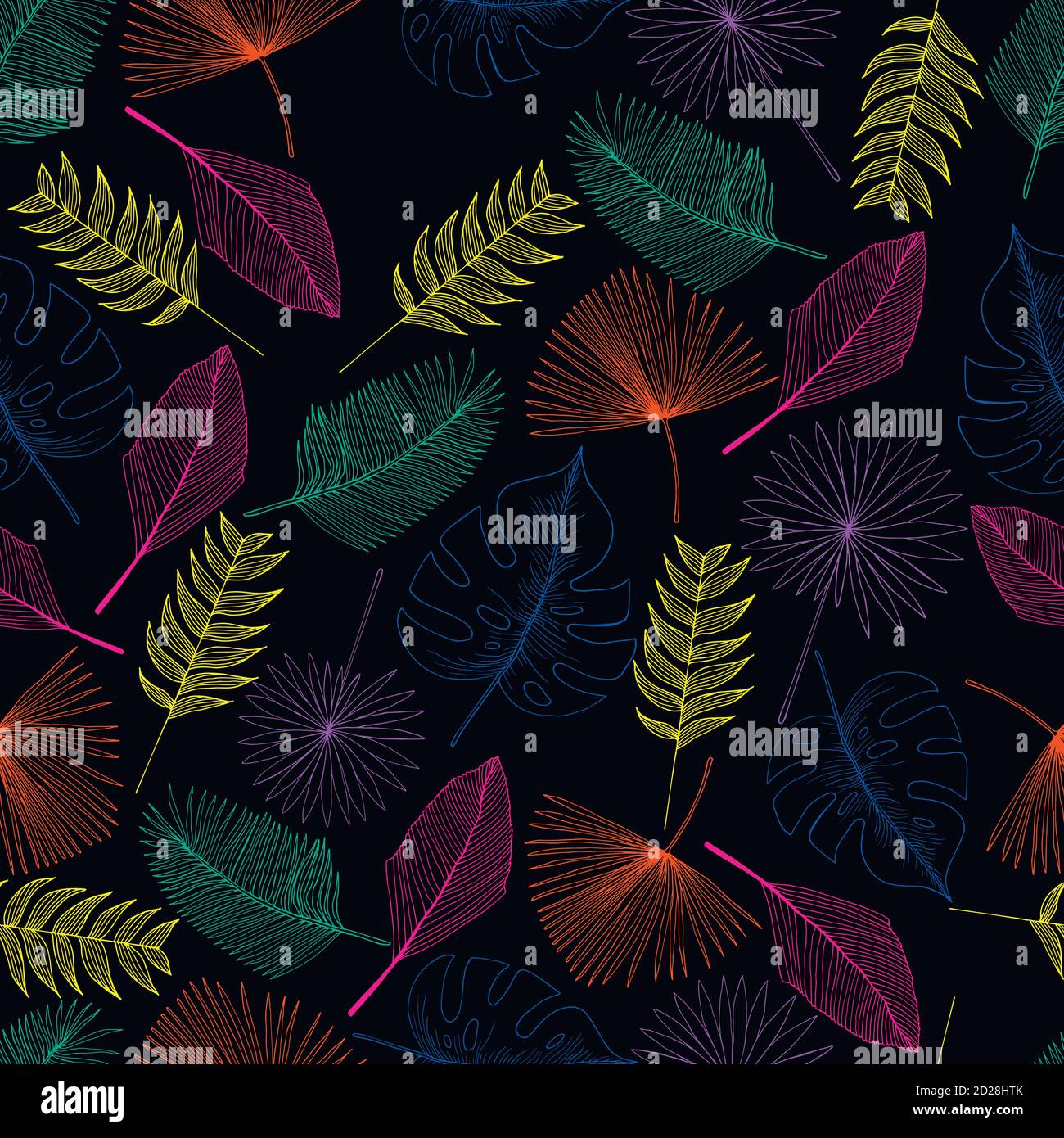 Tropical palm leaf outline colorful seamless pattern Stock Vector