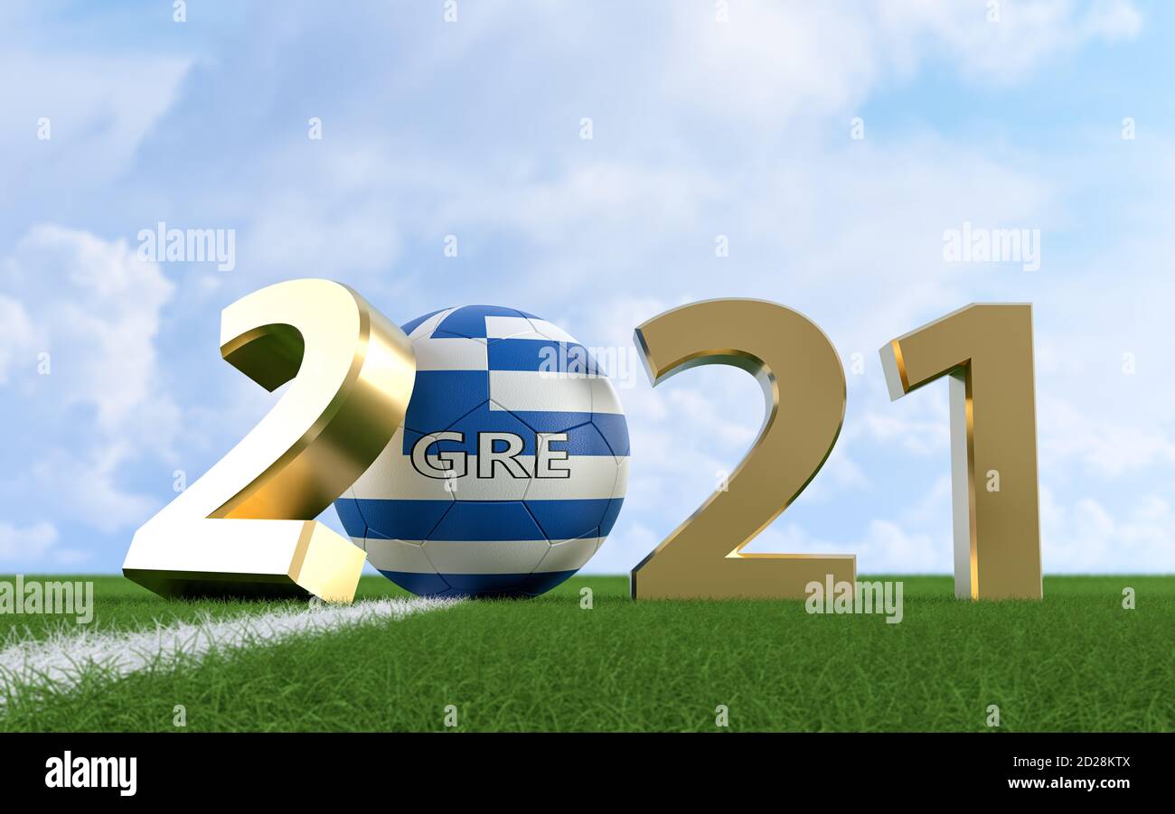 Soccer 2021 - Soccer ball in Greece flag design on a soccer field. Soccer ball representing the 0 in 2021. 3D Rendering Stock Photo