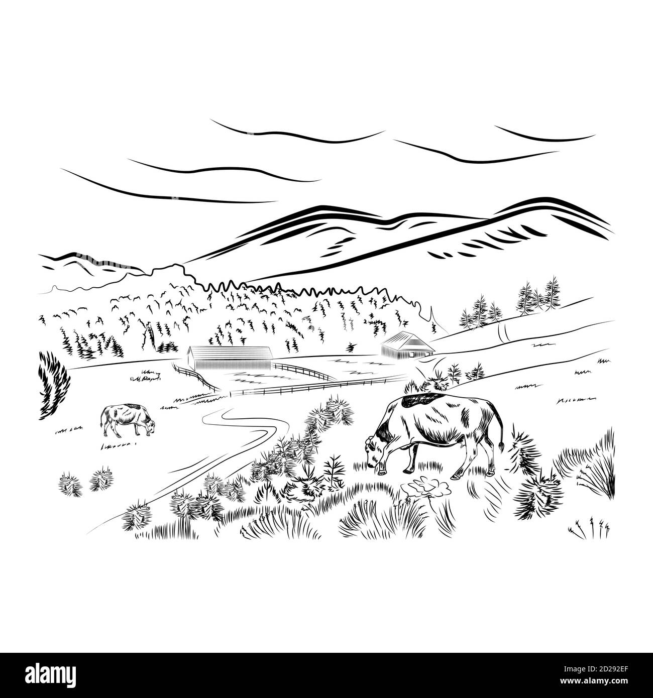 Black sketch cow farm landscape poster with cow grazing in a meadow ...