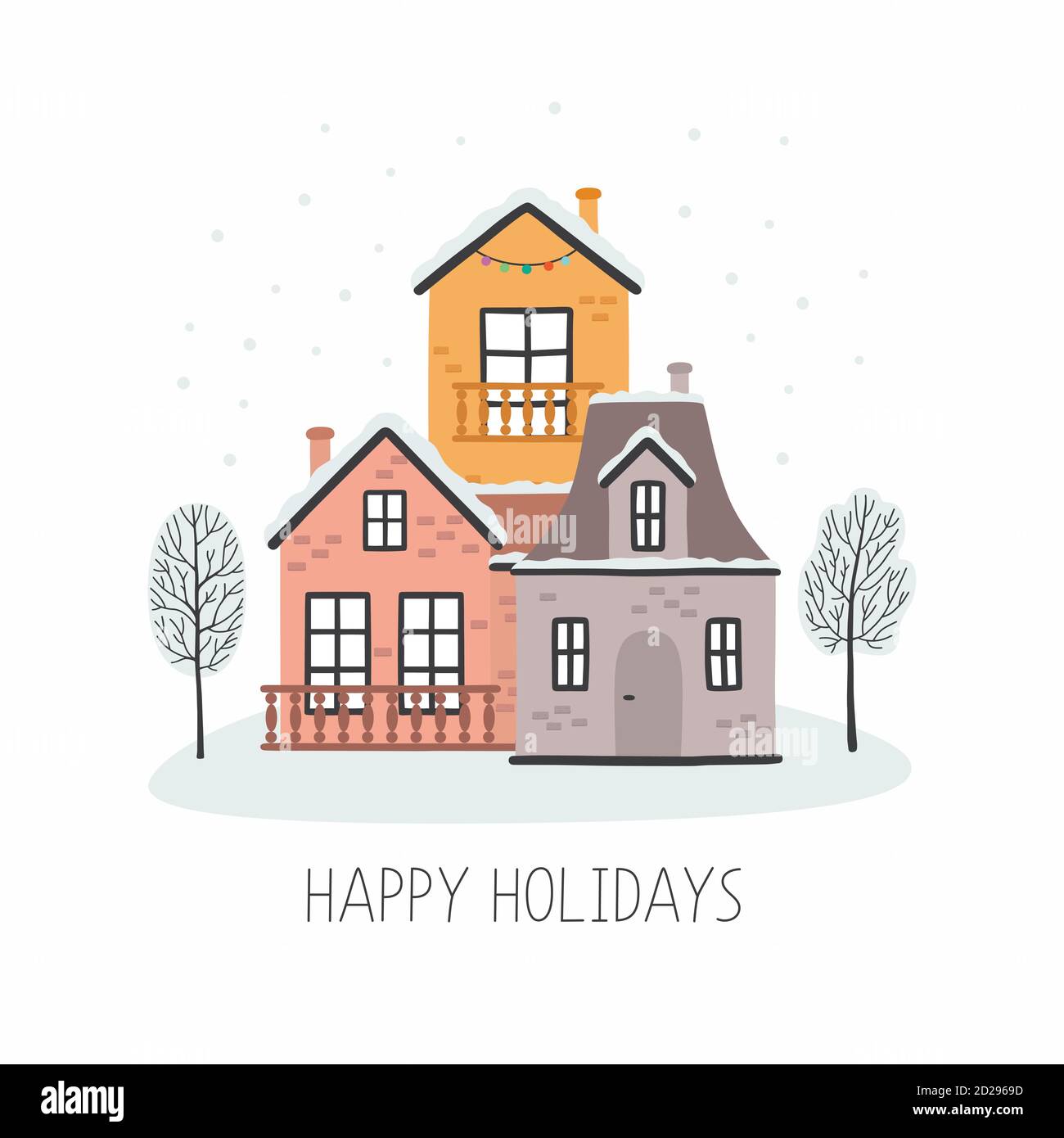 Christmas card with houses, happy holidays. Vector illustration Stock ...