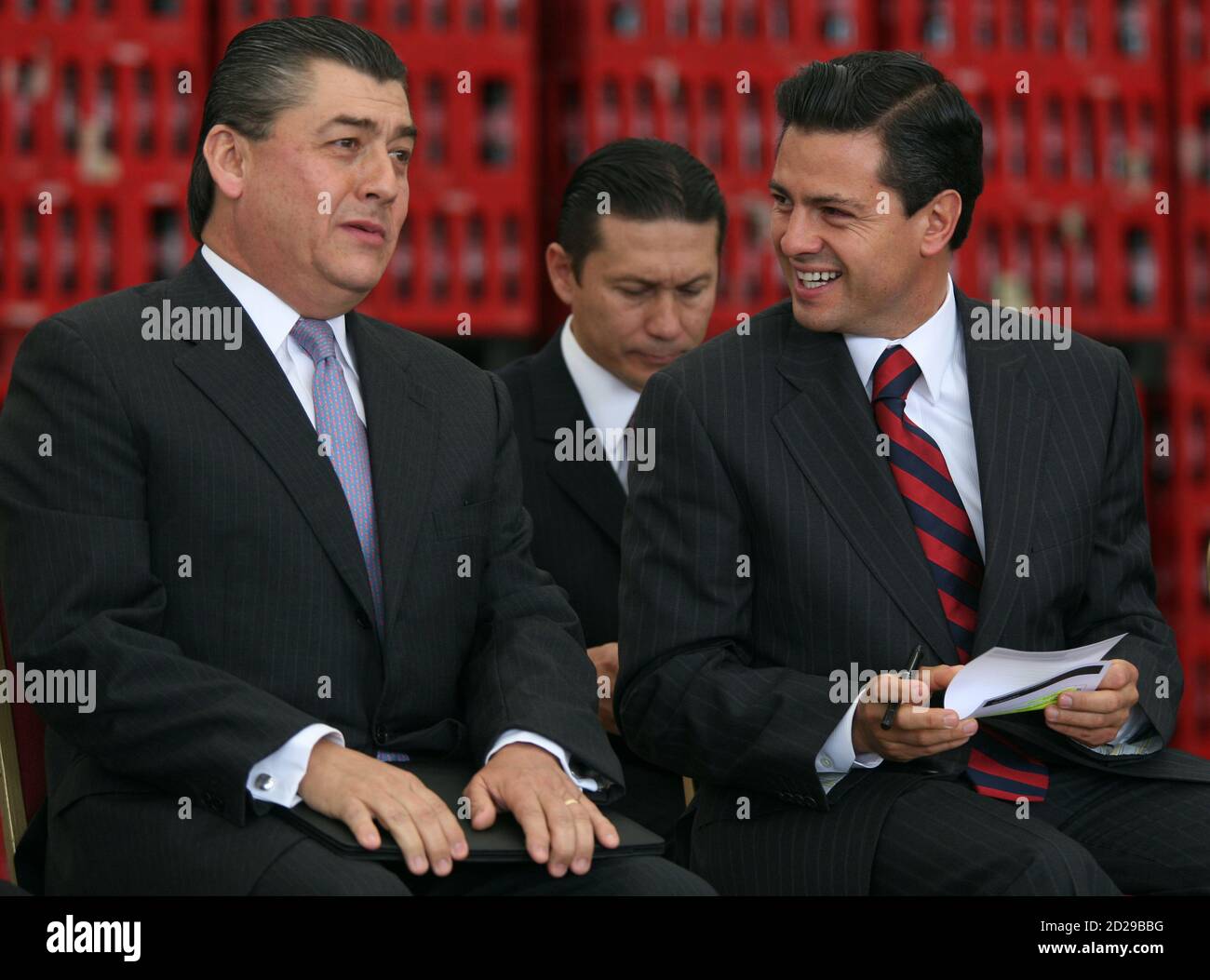 Jose Antonio Fernandez, Chief Executive Officer of Femsa, and Enrique Pena  Nieto, Governor of the state of Mexico attend the inauguration of a Coca- Cola distribution center in Chalco, the state of Mexico