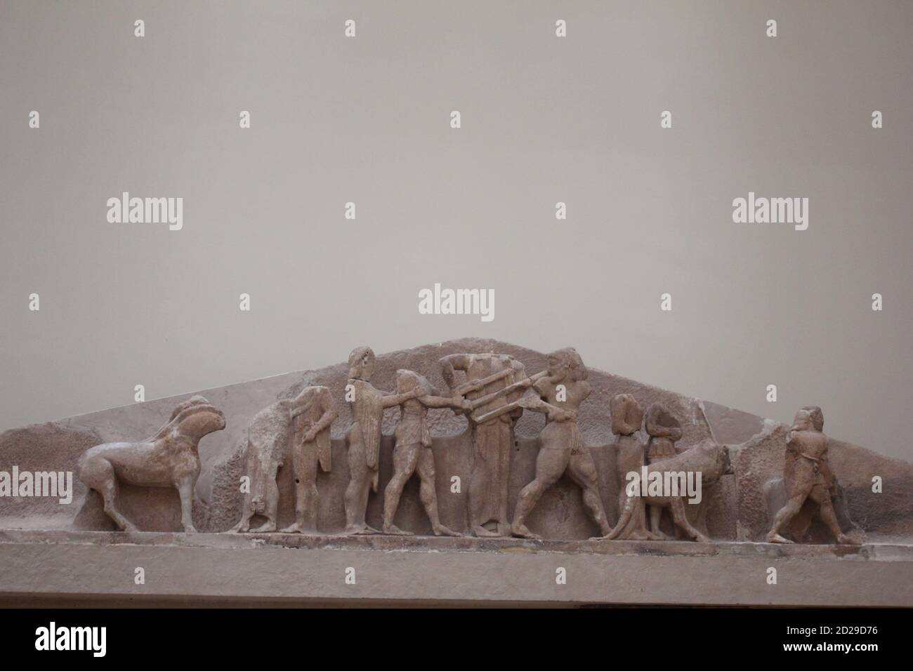 East pediment of the Siphnian Treasury in the Archeological Museum Of Delphi in Greece Stock Photo