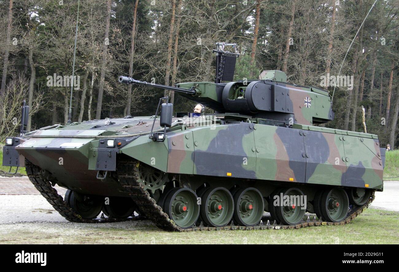 The new German Armoured Infantry Fighting Vehicle AIFV Puma for the German  armed forces is pictured during an exercise to mark the 50th anniversary of  the German army at an army training