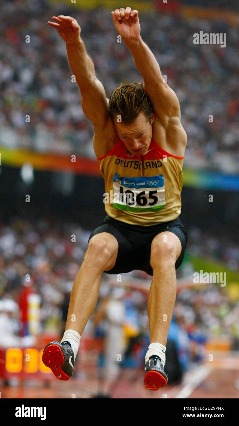 Andre Niklaus of Germany competes in his long jump event of the men's  decathlon in the athletics competition in the National Stadium at the Beijing  2008 Olympic Games August 21, 2008. REUTERS/Ruben