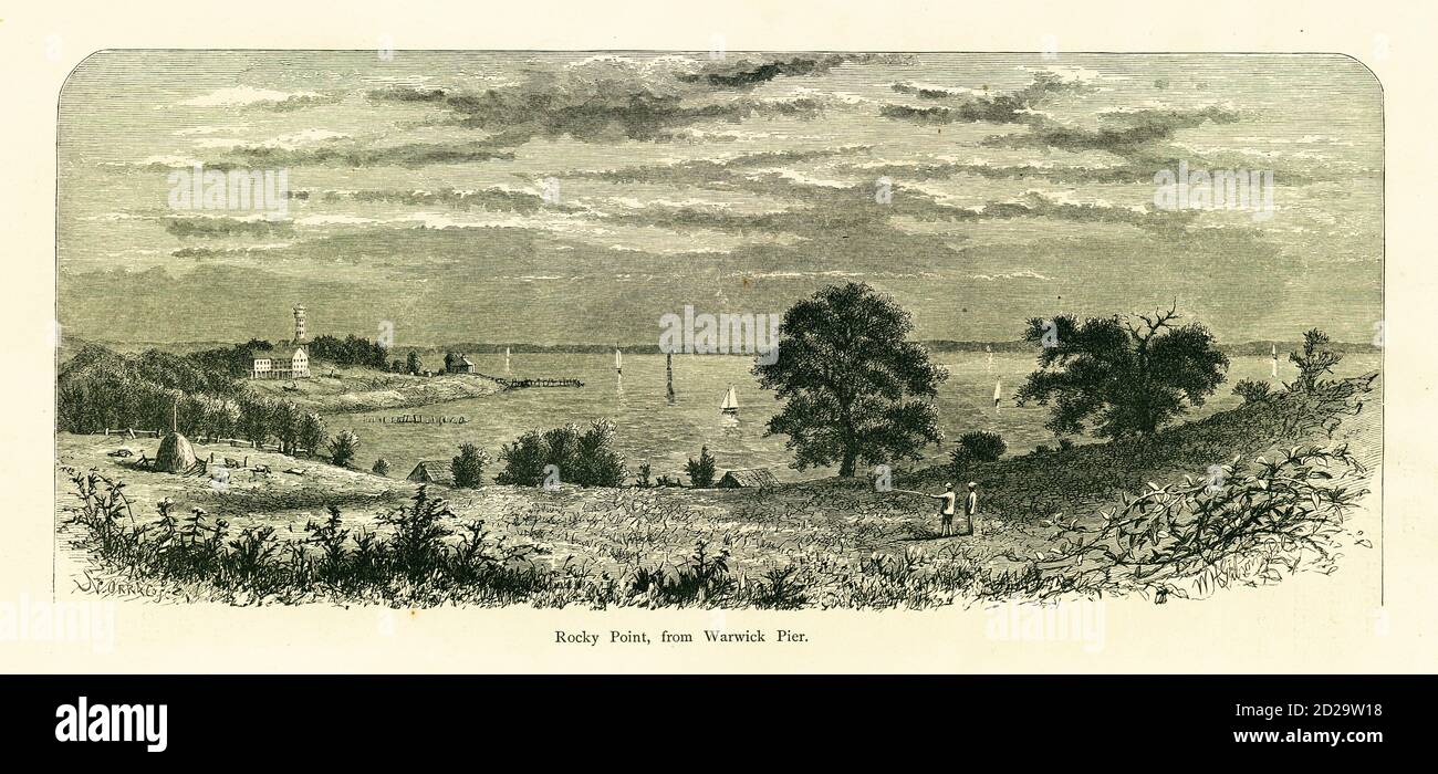 Antique engraving of Rocky Point on Warwick Neck, U.S. state of Rhode