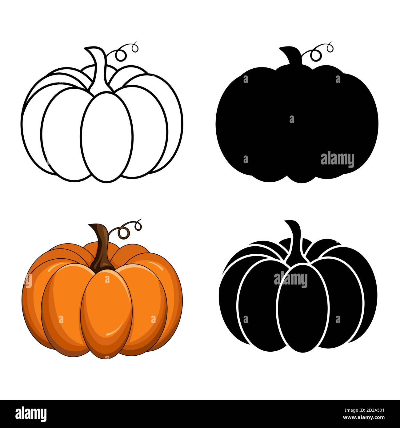 Pumpkin vector set isolated on white. Autumnal silhouette, outline and orange cartoon collection. Halloween or thanksgiving illustration. Symbolic and Stock Vector