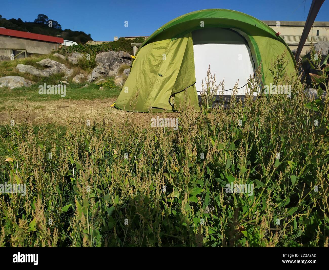 The green camping tent on the ground in the countryside Stock Photo - Alamy