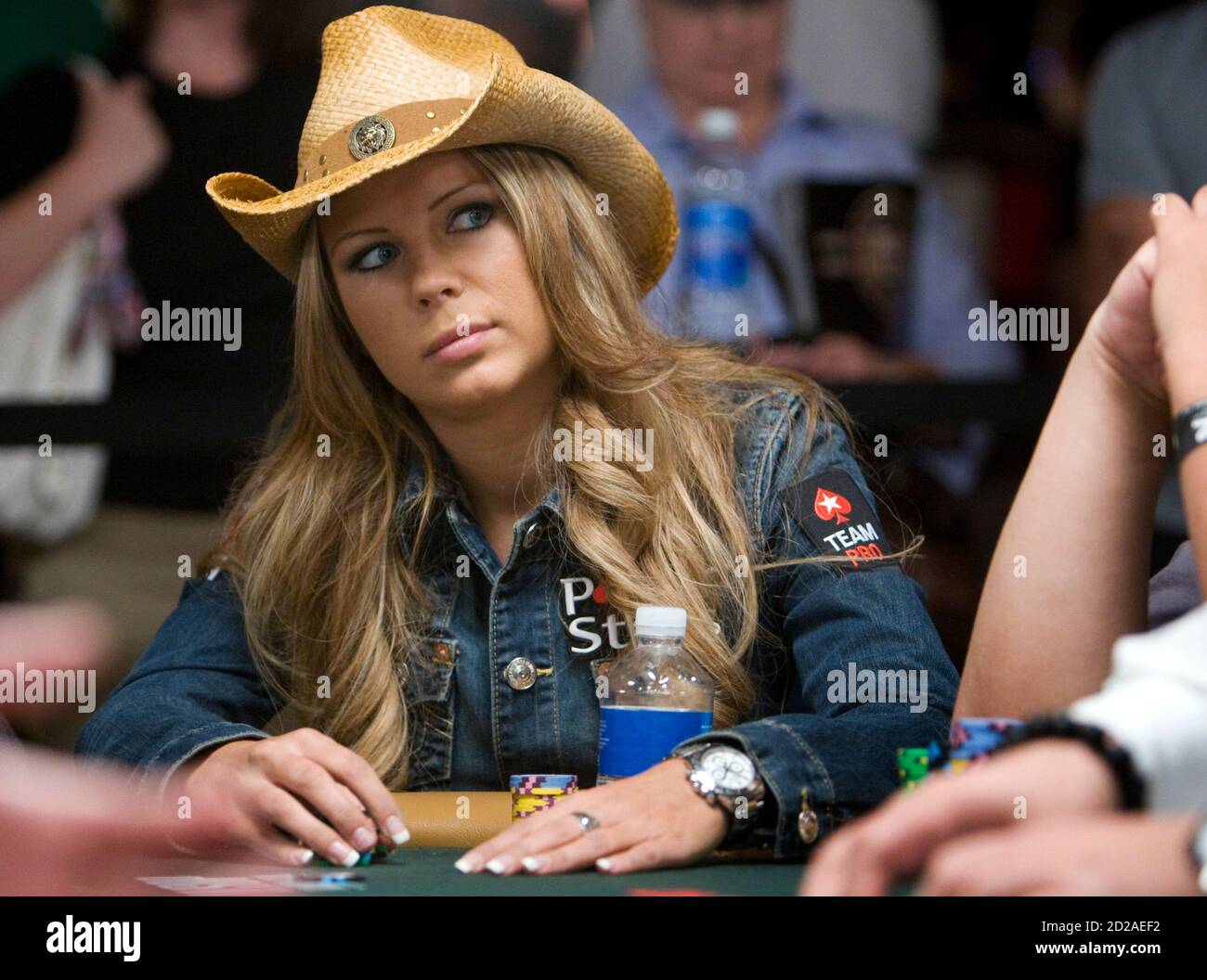 German poker professional Sandra Naujoks competes during the first day of the 41st annual World Series of Poker no-limit Texas Hold 'em main event at the Rio hotel-casino in Las Vegas, Nevada July 5, 2010. It is expected that 6,000 to 7,000 players will pay the $10,000 buy-in to enter the tournament, officials said.  REUTERS/Las Vegas Sun/Steve Marcus (UNITED STATES - Tags: SOCIETY IMAGES OF THE DAY) Stock Photo