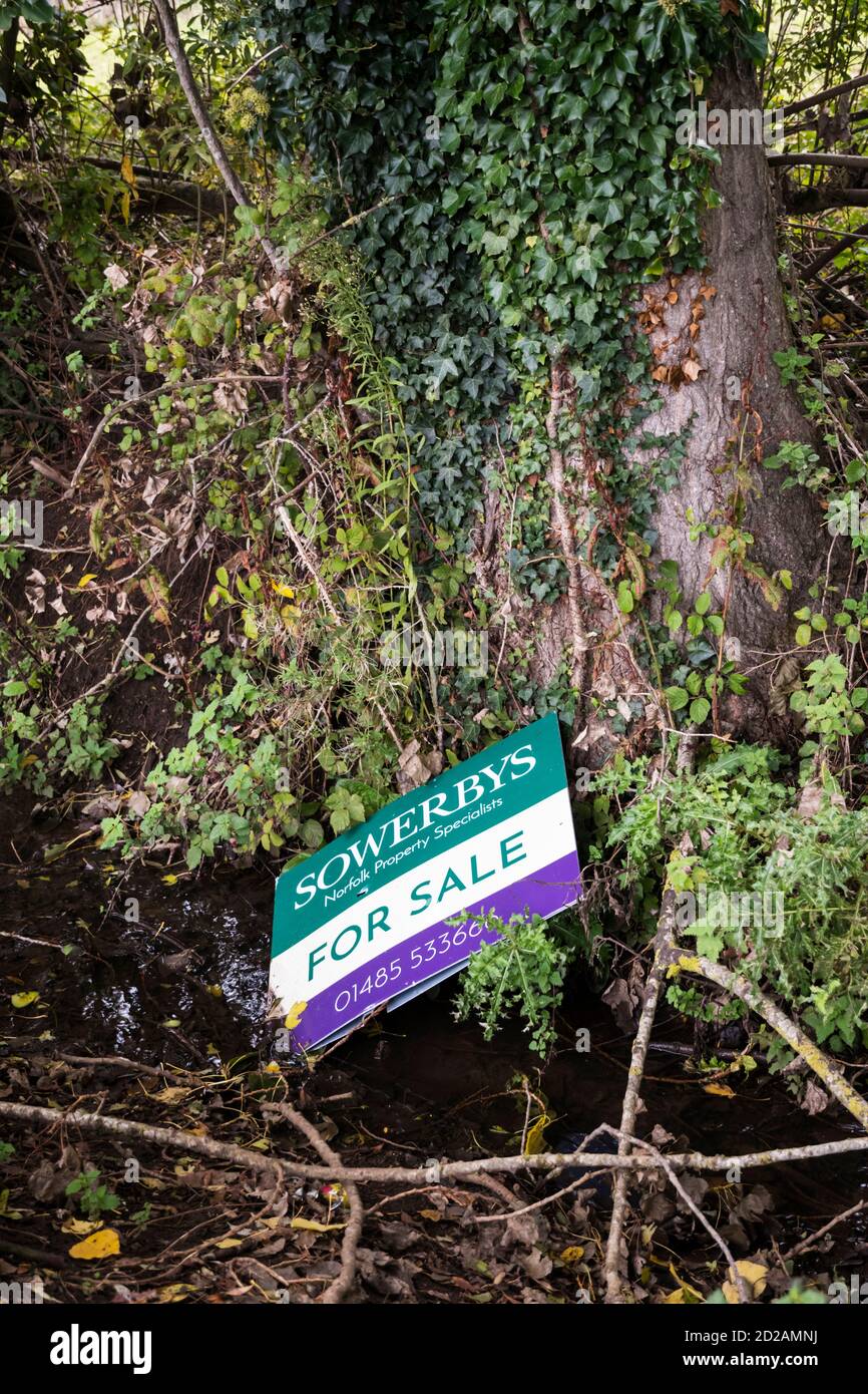 Estate agent's For Sale sign abandoned in a ditch in Norfolk. Stock Photo