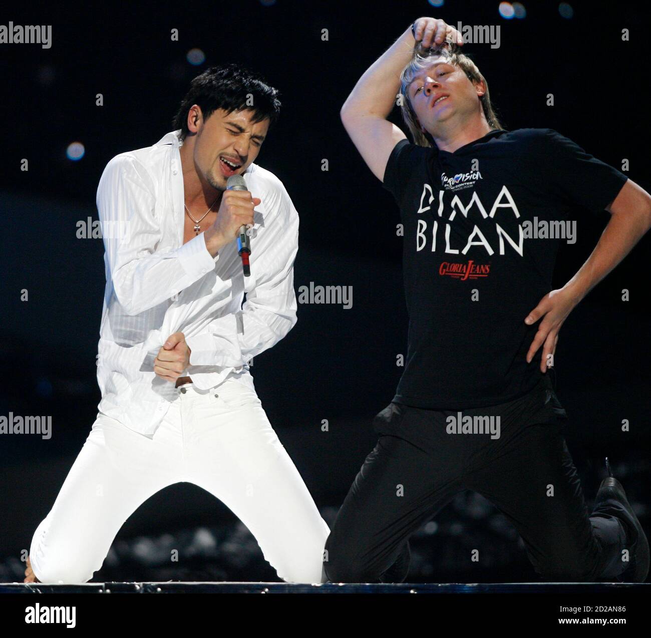 Dima Bilan (L) of Russia performs with Olympic and World figure skating  champion Evgeni Plushenko during rehearsals for the Eurovision Song Contest  in Belgrade May 16, 2008. REUTERS/Ivan Milutinovic (SERBIA Stock Photo -