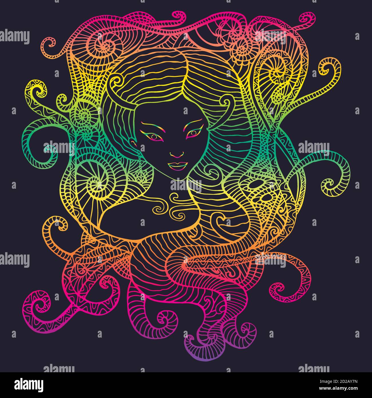 Psychedelic colorful woman, bright gradient outline. Surreal fan Stock Vector