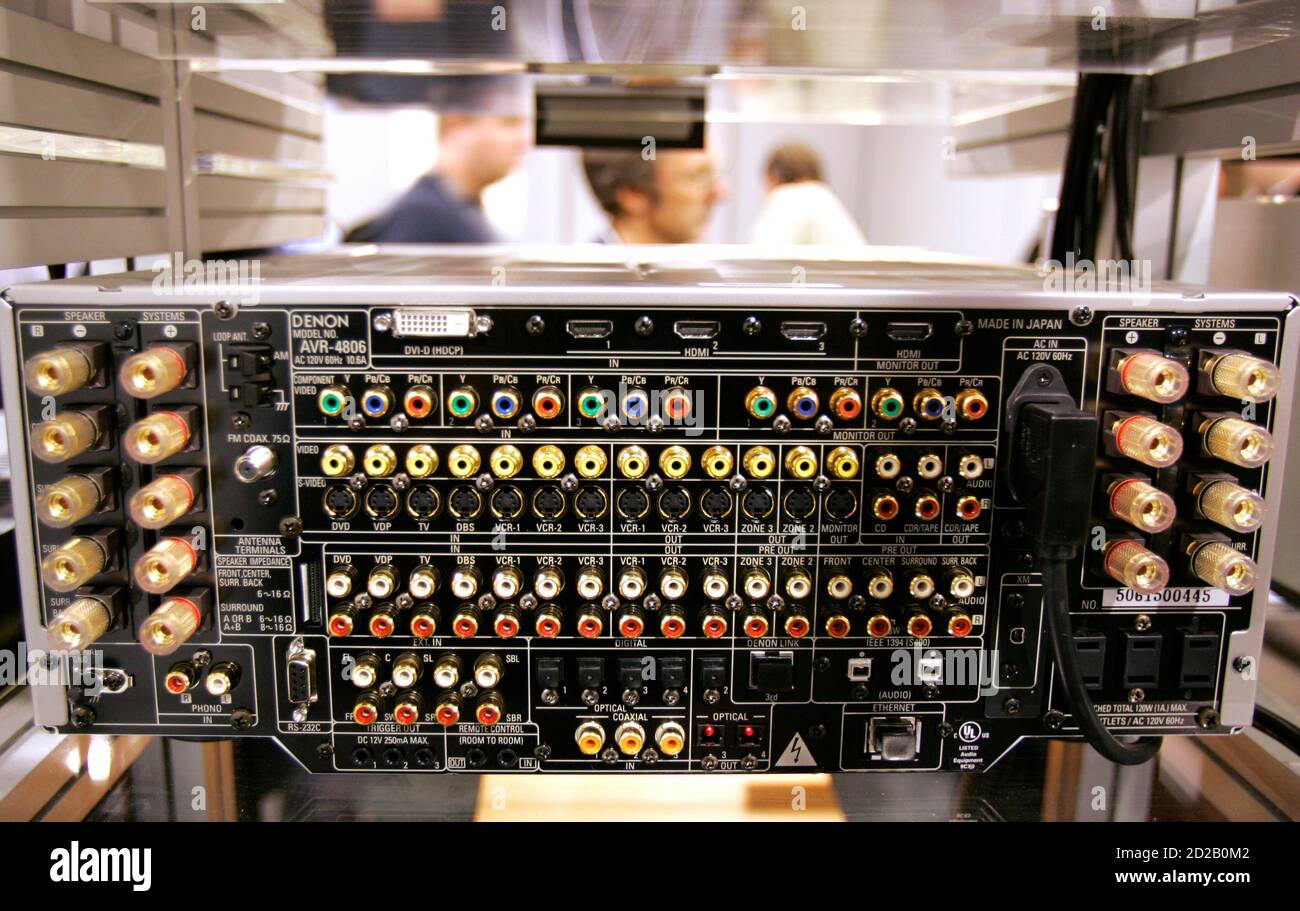 The inputs and outputs on the rear panel of a Denon AVR-4806 A/V receiver  is seen at the THX booth at the 2006 Consumer Electronics Show in Las Vegas  January 6, 2006.