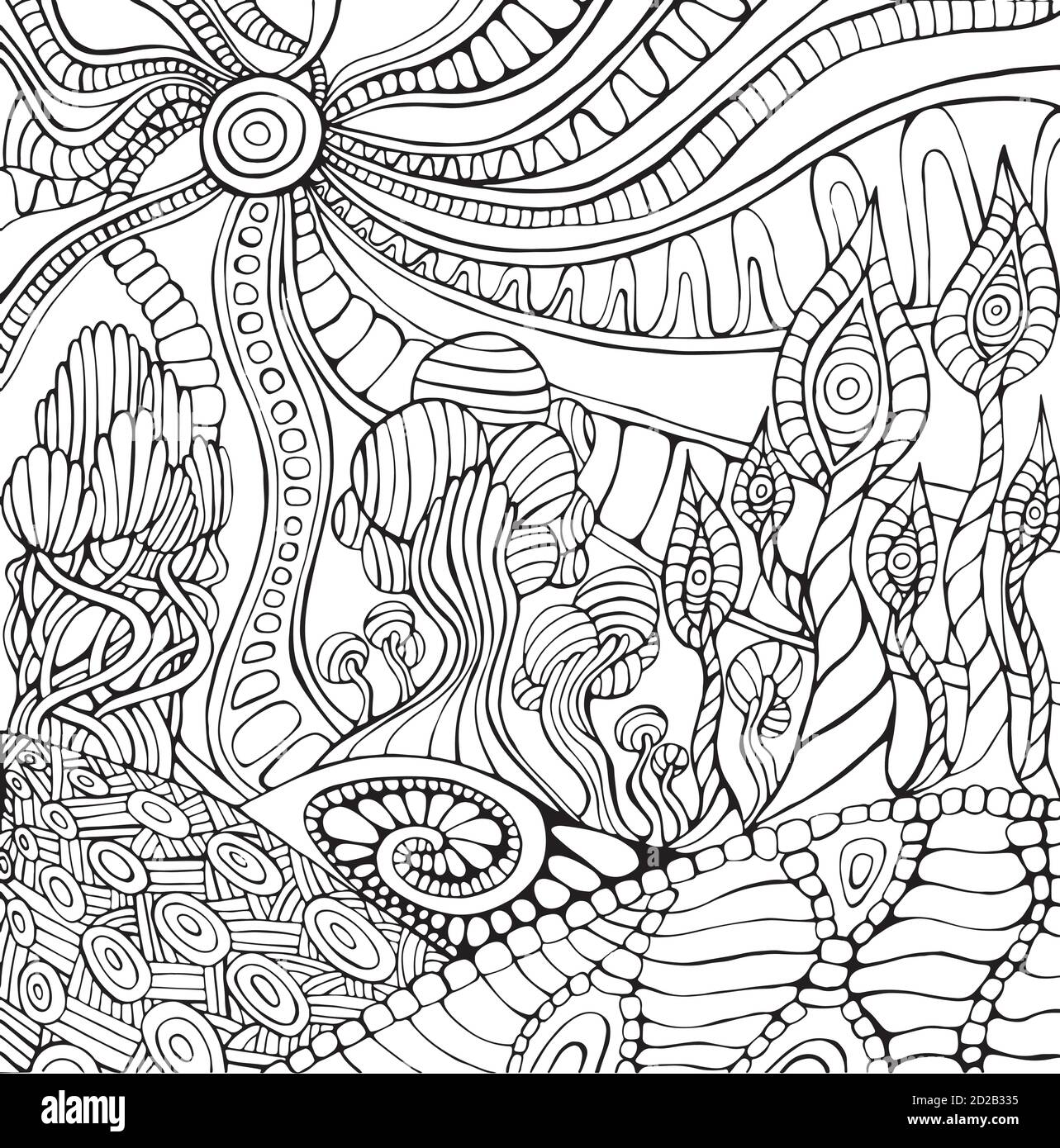 Doodle surreal landscape coloring page for adults. Fantastic psy Stock Vector