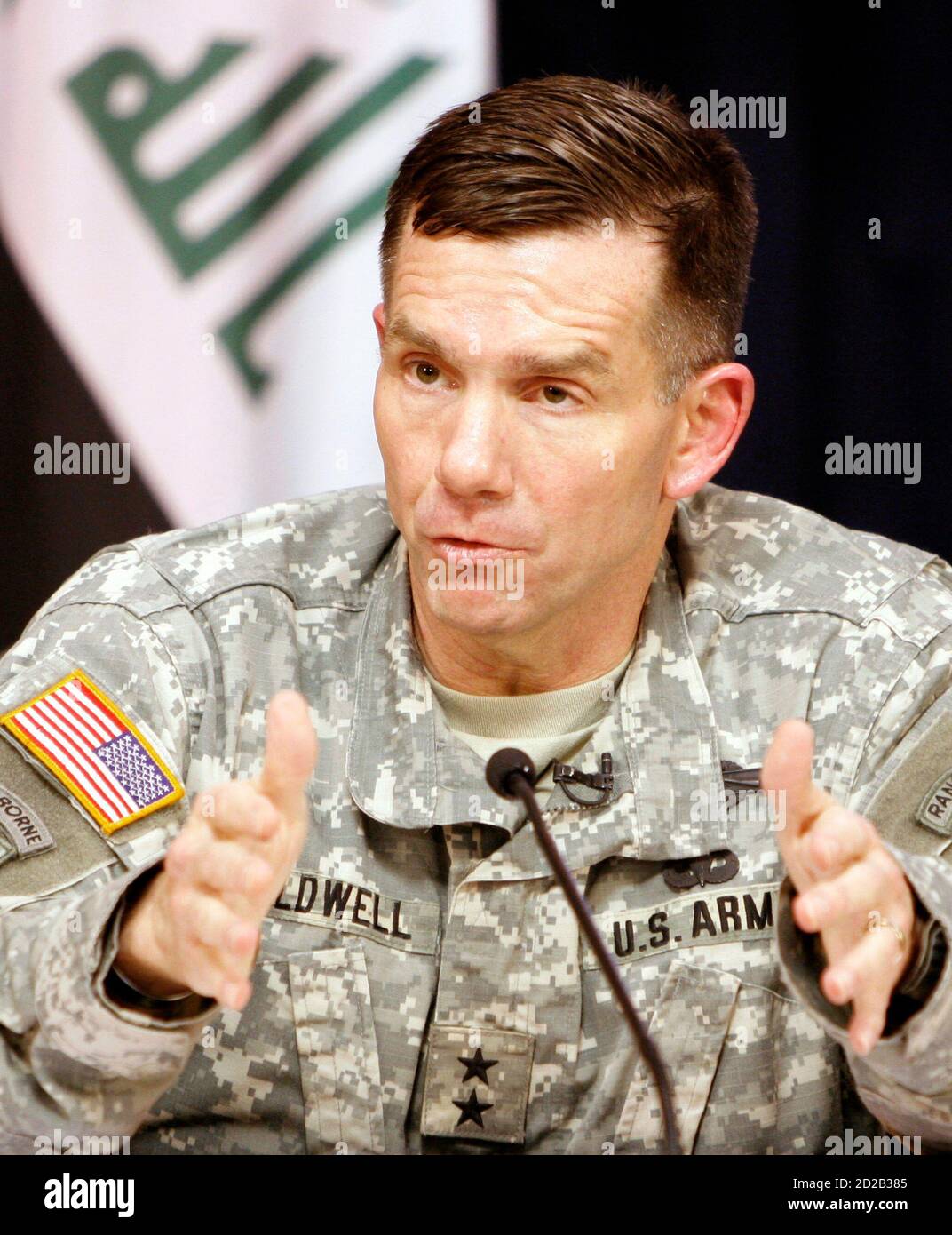 Major-General William B. Caldwell IV, Multi-National Force-Iraq Spokesman, speaks to the media in a joint media conference with  Brigadier-General C. Mark Gurganus, Commanding General, Ground Combat Element, Multi-National Force-West, at the heavily fortified Green Zone area in Baghdad May 16, 2007. REUTERS/Ali Abbas/Pool  (IRAQ) Stock Photo