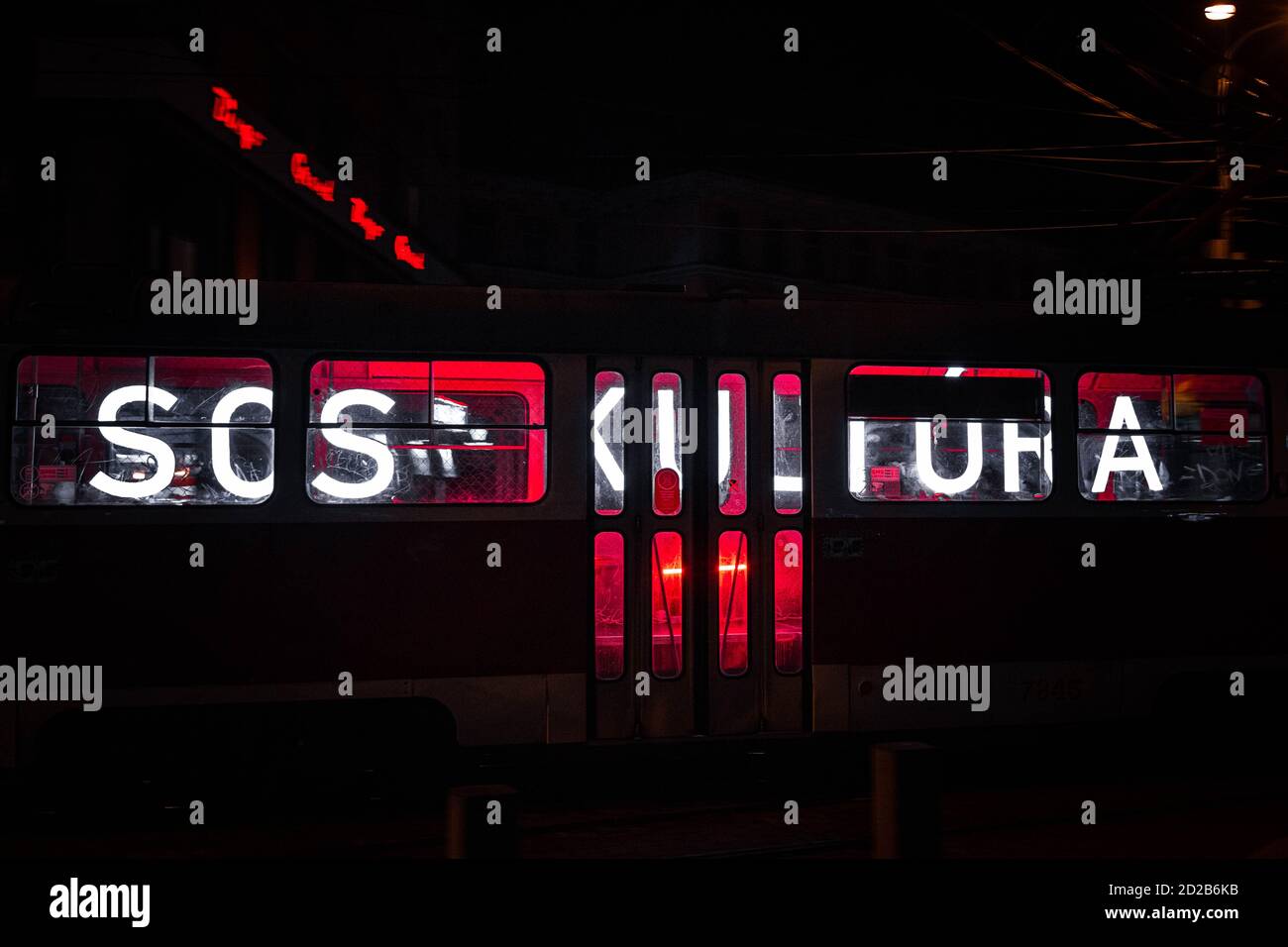 SOS KULTURA  sign inside of a tram in Bratislava, WeMakeEvents Stock Photo