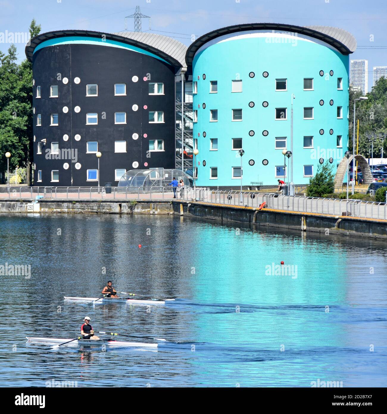 Two rowers prepare for sculling training session on rowing course at Royal Albert Dock UEL campus buildings beyond Newham East London UK Stock Photo