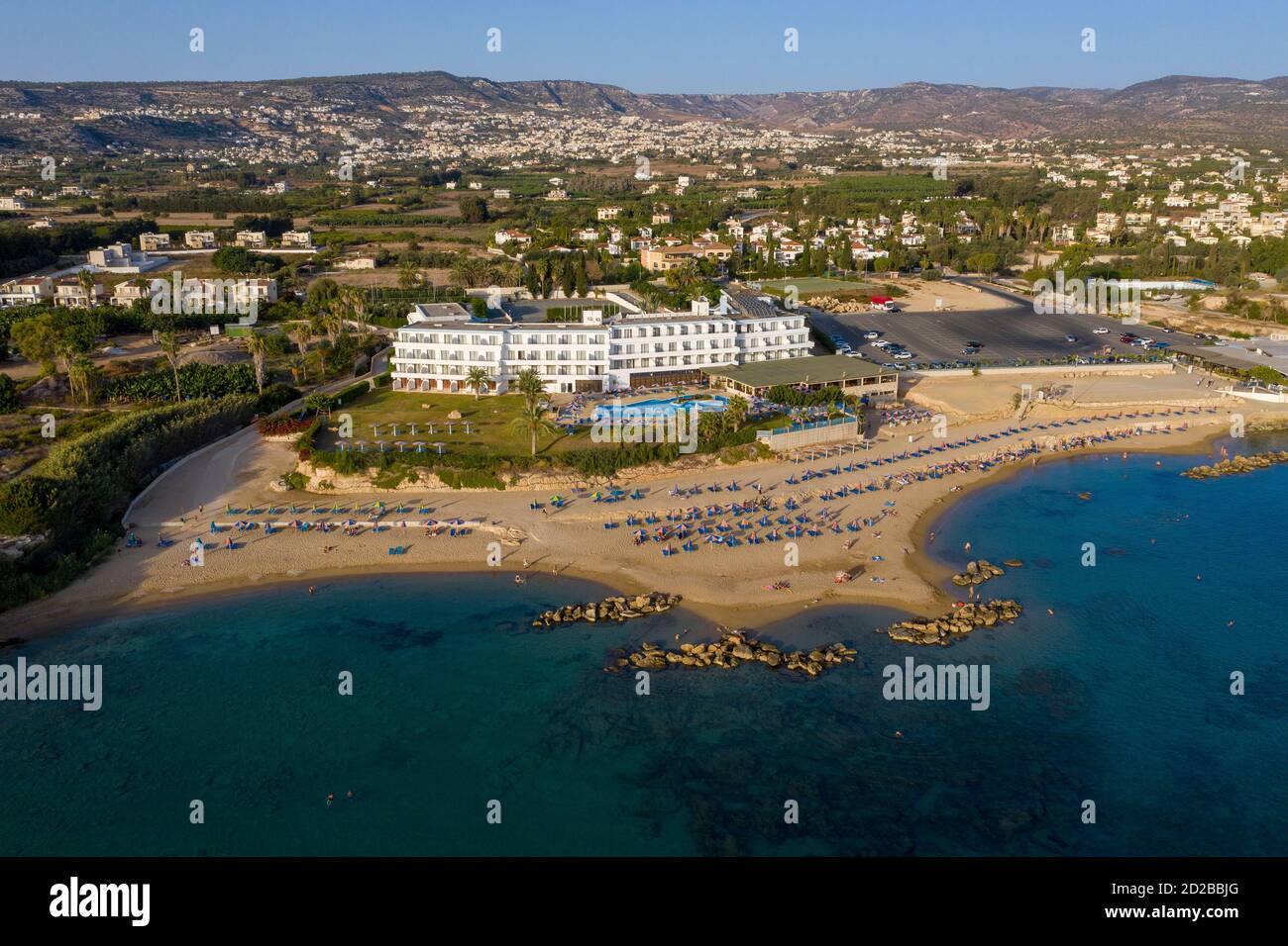 Aerial view of Coral Bay beach and the Corallia Beach Hotel, Peyia
