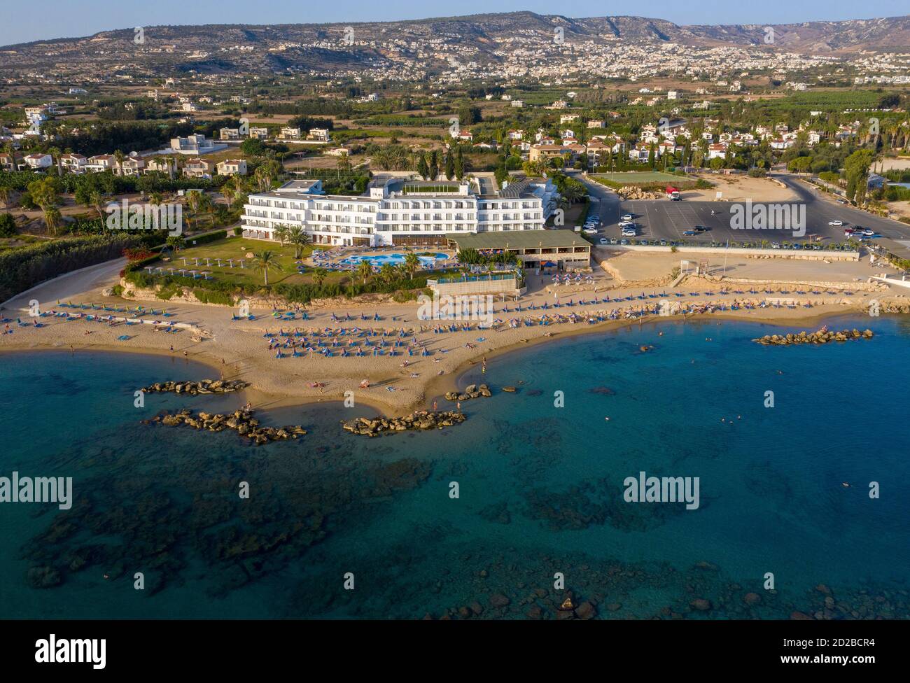 Aerial view of Coral Bay beach and the Corallia Beach Hotel, Peyia