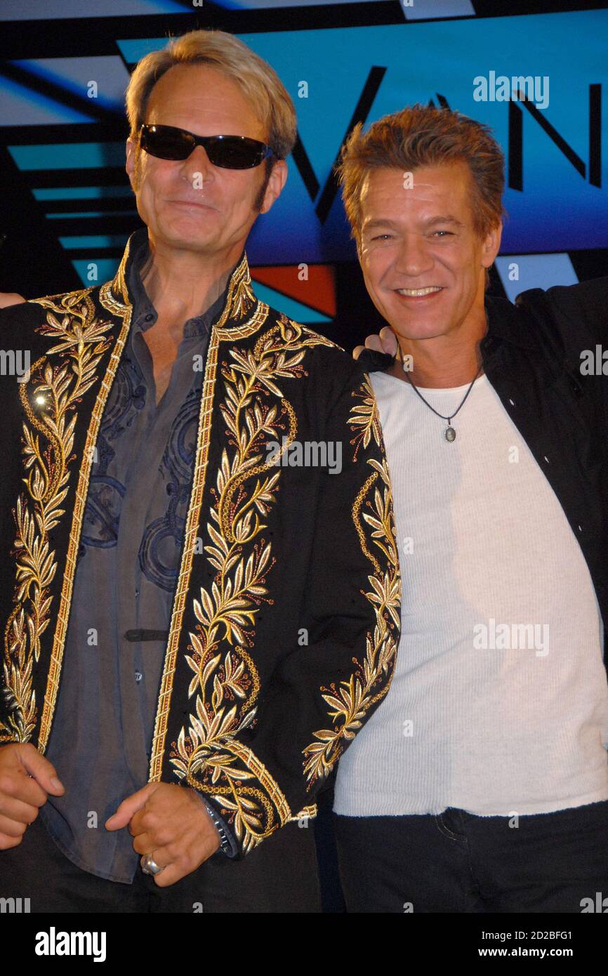 06 October 2020 - Eddie Van Halen, legendary Hall of Fame Guitarist and co-founder of Van Halen -- has died after a long battle with throat cancer at the age of 65. File Photo: 13 August 2007 - Beverly Hills, California - David Lee Roth and Eddie Van Halen. Van Halen and David Lee Roth Announce North American Tour at the Four Seasons Hotel. Photo Credit: Byron Purvis/AdMedia Stock Photo
