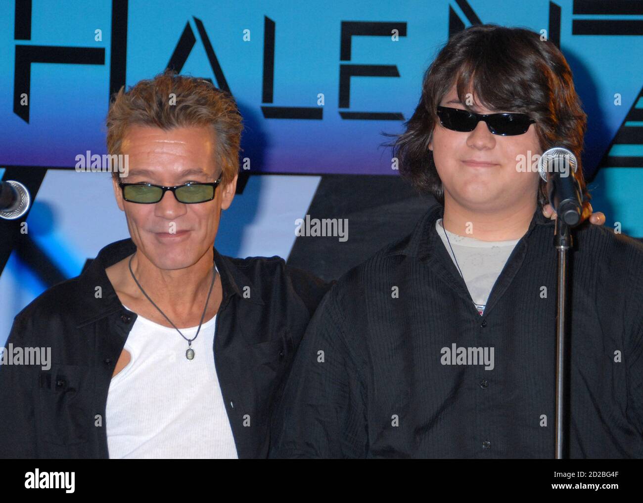 06 October 2020 - Eddie Van Halen, legendary Hall of Fame Guitarist and co-founder of Van Halen -- has died after a long battle with throat cancer at the age of 65. File Photo: 13 August 2007 - Beverly Hills, California - Eddie Van Halen and son Wolfgang Van Halen. Van Halen and David Lee Roth Announce North American Tour at the Four Seasons Hotel. (Credit Image: © Byron Purvis/AdMedia via ZUMA Wire) Stock Photo