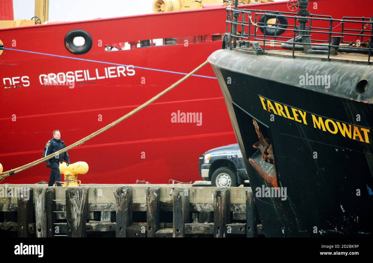 A Canada Border Services Agent walks between the bows of the Canadian Coast Guard icebreaker Des Groseilliers and the Sea Shepherd Conservation Society vessel Farley Mowat in Sydney, Nova Scotia April 13, 2008. The vessel was brought into Sydney after it was boarded by members of the Canadian Coast Guard and the Royal Canadian Mounted Police. REUTERS/Paul Darrow  (CANADA) Stock Photo