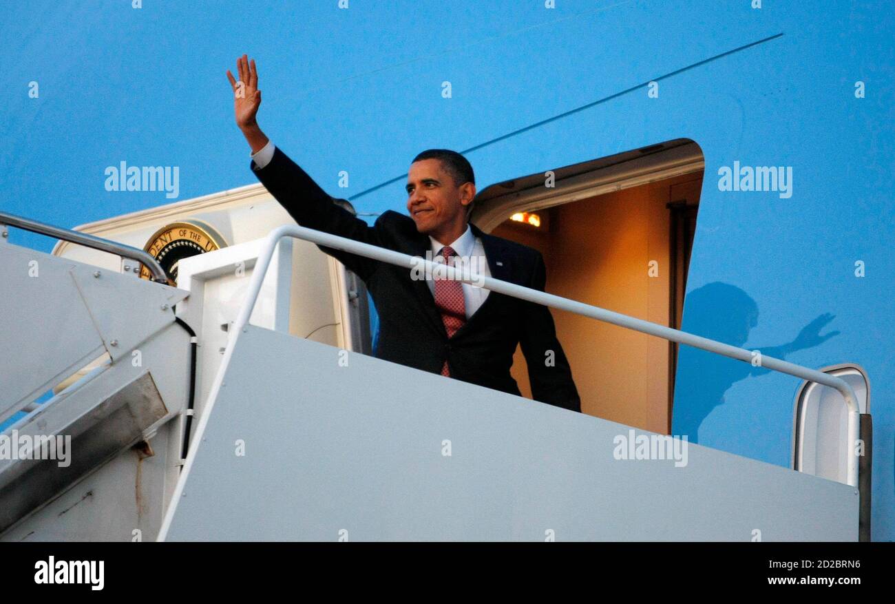 U.S. President Barack Obama departs Andrews Air Force Base in Washington  enroute to Copenhagen to promote Chicago's bid to host the 2016 Summer  Olympic Games October 1, 2009. No incumbent U.S. President