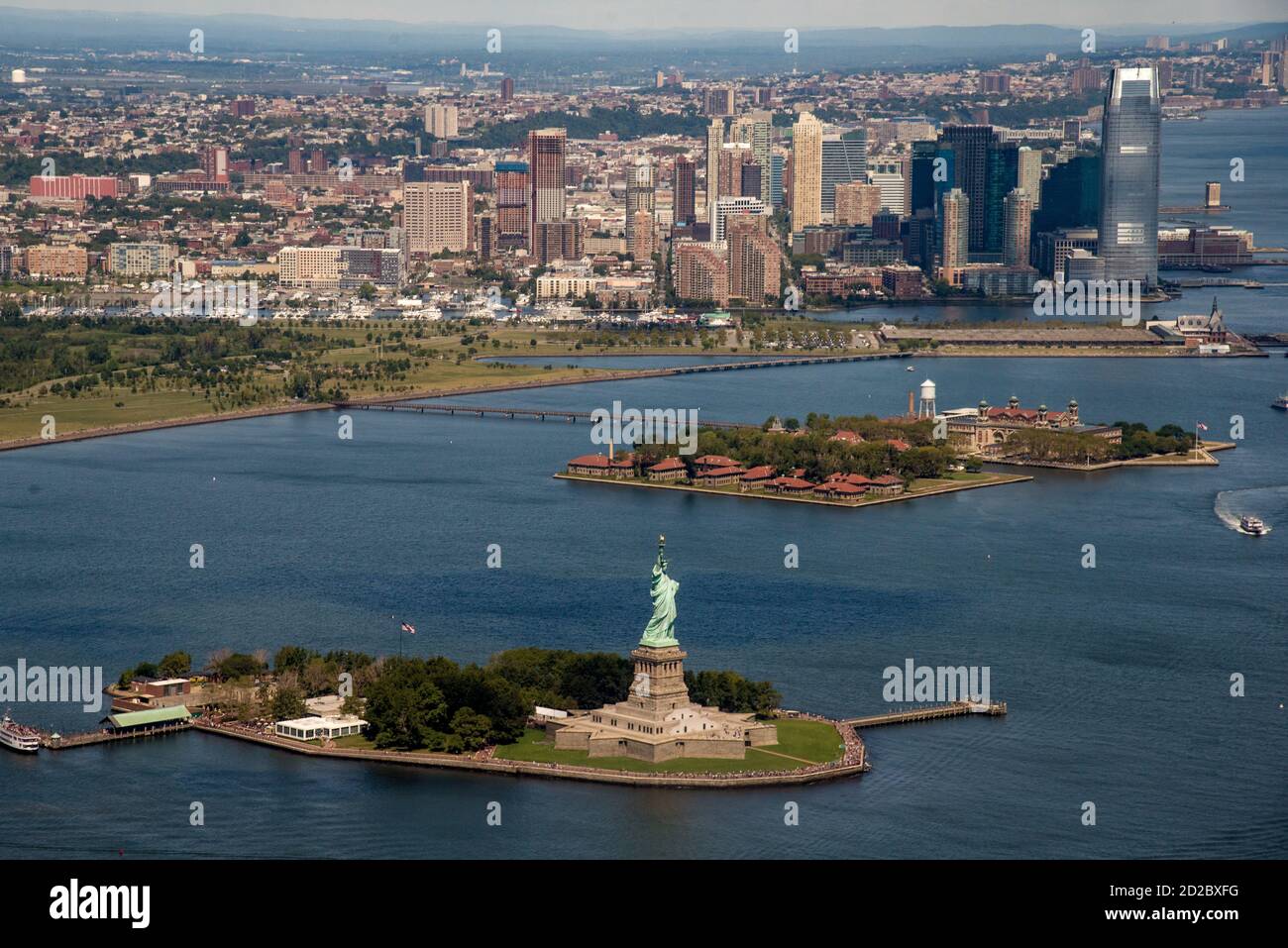Aerial of the Statue of Liberty and surrounding area of lower Manhattan